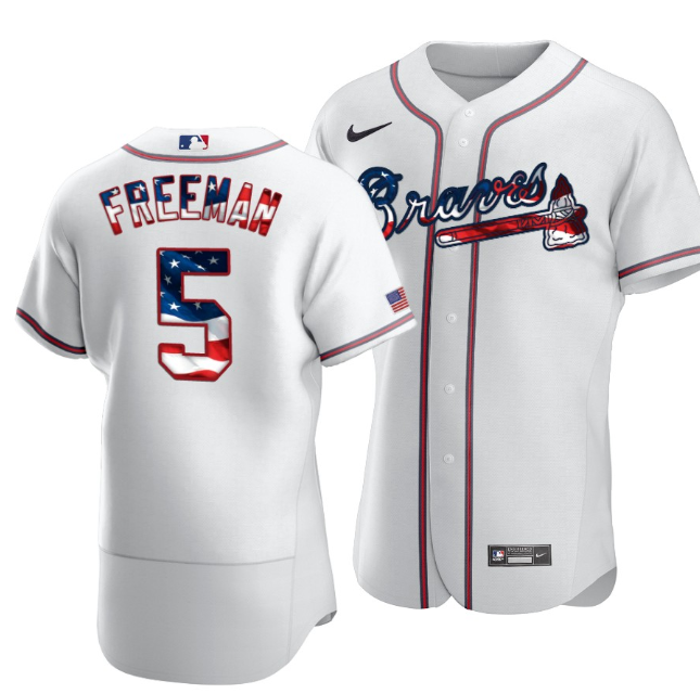 Men's Atlanta Braves #5 Freddie Freeman White 2020 Stars & Stripes Flex Base Stitched Jersey Men's Atlanta Braves #5 Freddie Freeman White 2020 Stars & Stripes Flex Base Stitched Jersey